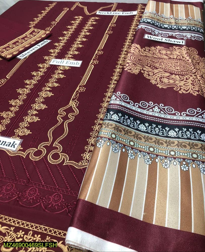 3 Pcs Women's Unstitched Dhanak Embroidered Suit