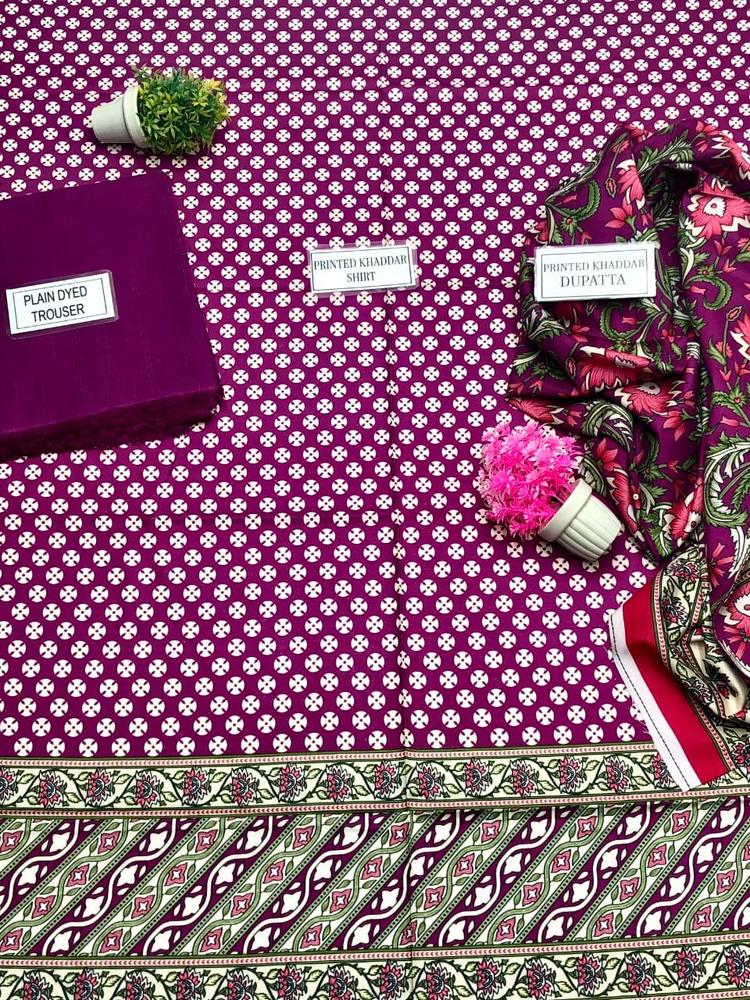 3 Pcs Women's Unstitched Khaddar Printed Suit