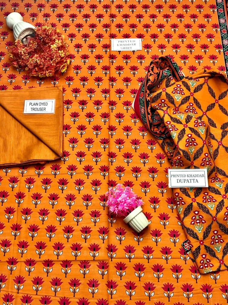 3 Pcs Women's Unstitched Khaddar Printed Suit
