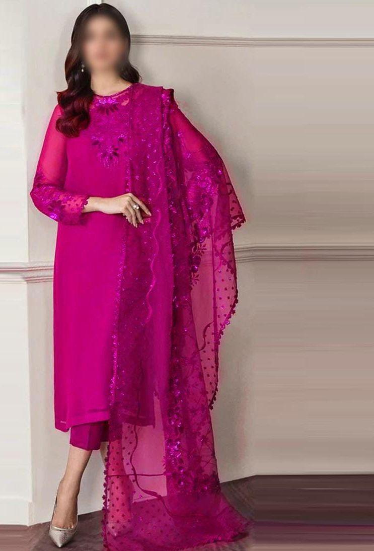 3 Pcs Women's Unstitched Chiffon Embroidered Suit