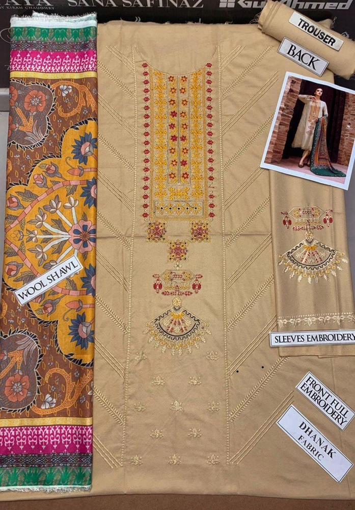 3 Pcs Women's Unstitched Dhanak Embroidered Suit