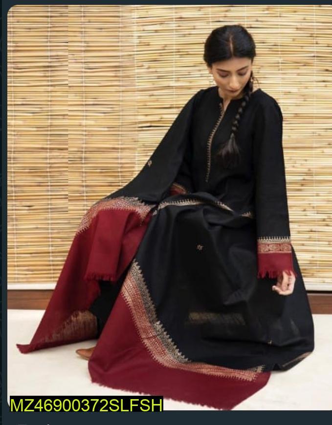 3 Pcs Women's Unstitched Dhanak Embroidered Suit