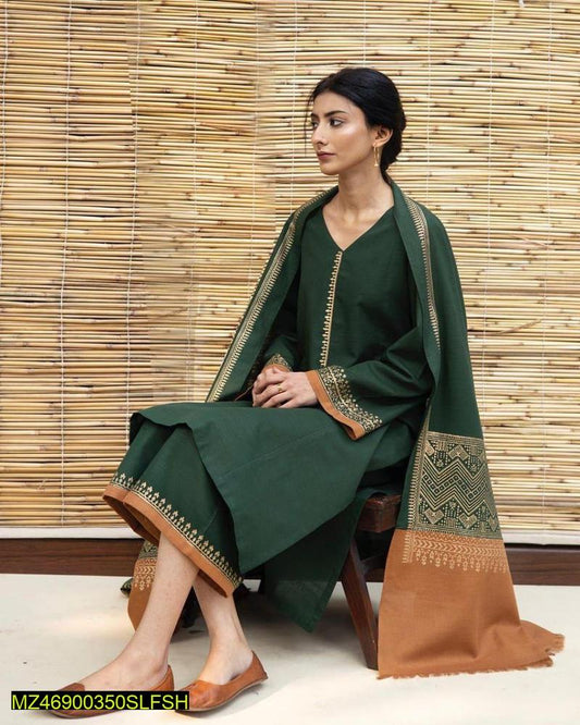 3 Pcs Women's Unstitched Dhanak Embroidered Suit