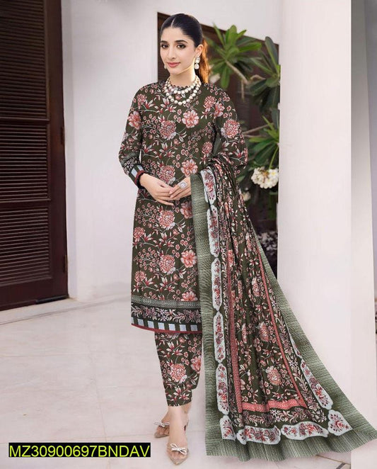 3 Pcs Women's Unstitched Khaddar Printed Suit