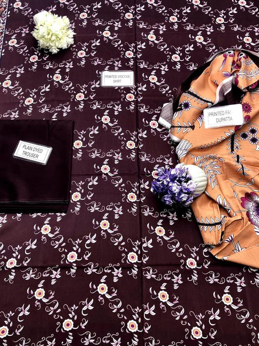 3 Pcs Women's Unstitched Viscose Printed Suit