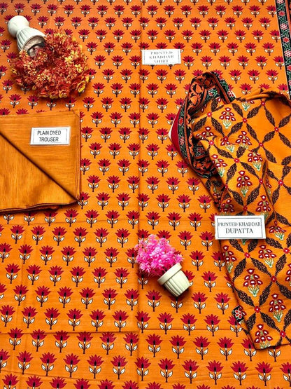 3 Pcs Women's Unstitched Khaddar Printed Suit