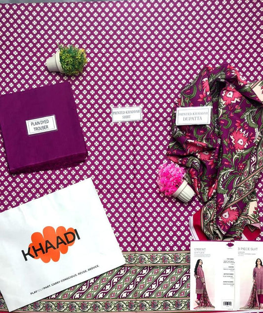 3 Pcs Women's Unstitched Khaddar Printed Suit