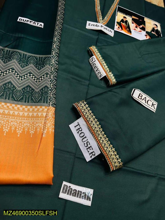 3 Pcs Women's Unstitched Dhanak Embroidered Suit