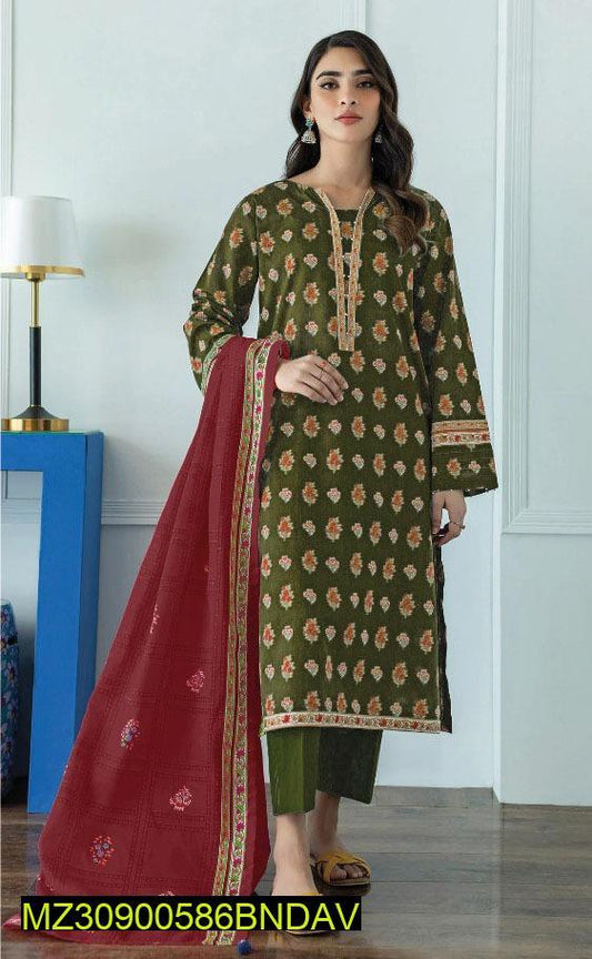 3 Pcs Women's Unstitched Khaddar Printed Suit