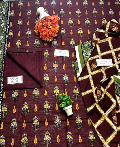 3 Pcs Women's Unstitched Khaddar Printed Suit