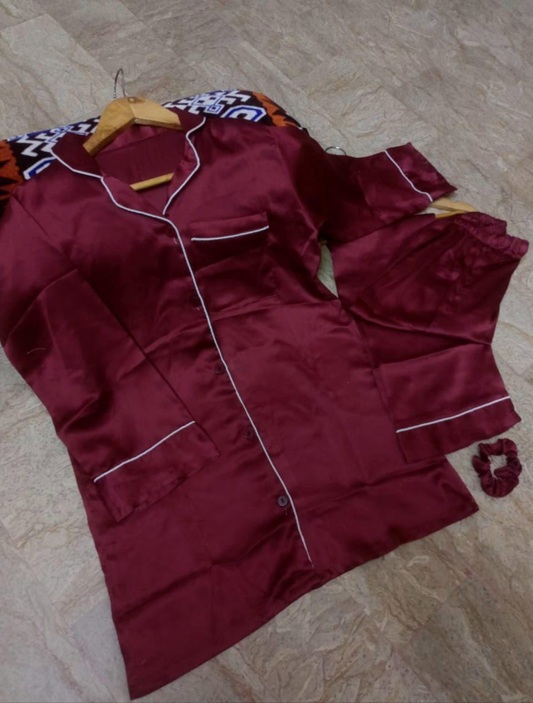 2 Pcs Women's Stitched Plain Night Suit