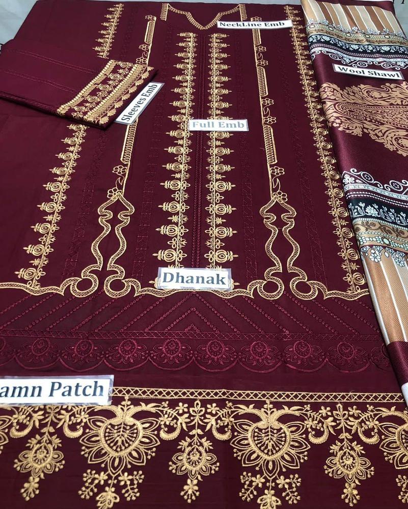 3 Pcs Women's Unstitched Dhanak Embroidered Suit