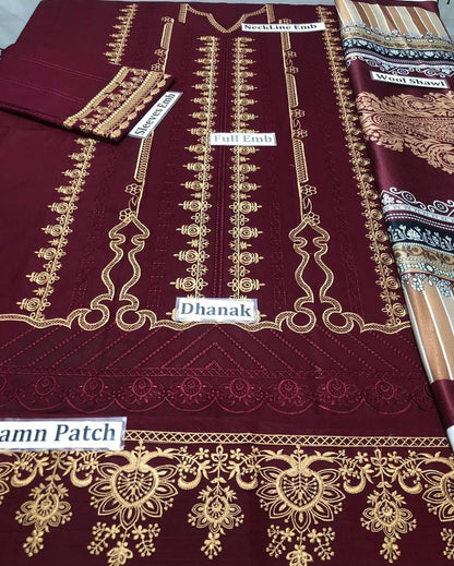 3 Pcs Women's Unstitched Dhanak Embroidered Suit