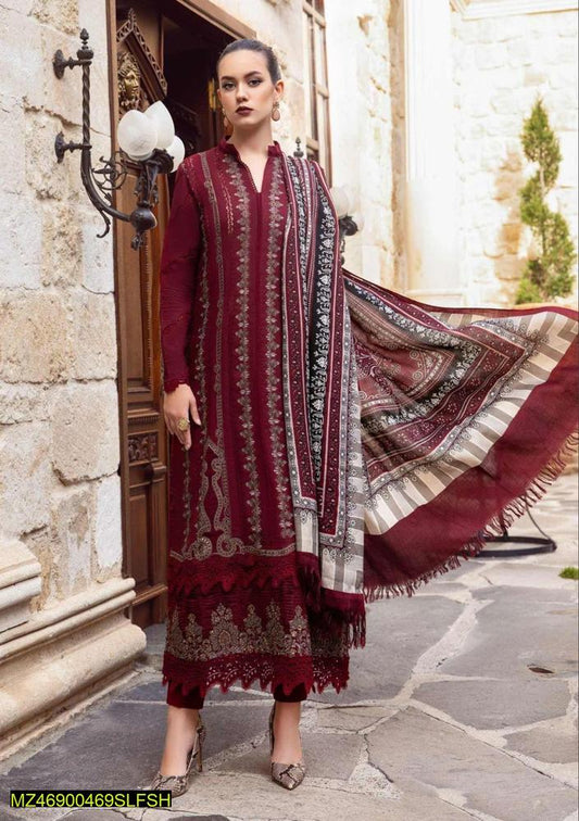 3 Pcs Women's Unstitched Dhanak Embroidered Suit