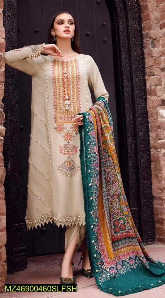3 Pcs Women's Unstitched Dhanak Embroidered Suit
