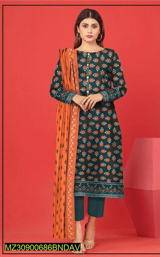 3 Pcs Women's Unstitched Khaddar Printed Suit
