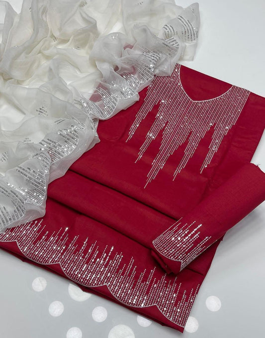 3 Pcs Women's Unstitched Sequins Embroidered Suit