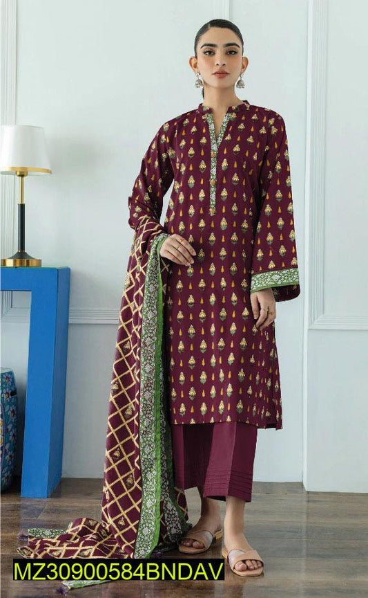 3 Pcs Women's Unstitched Khaddar Printed Suit